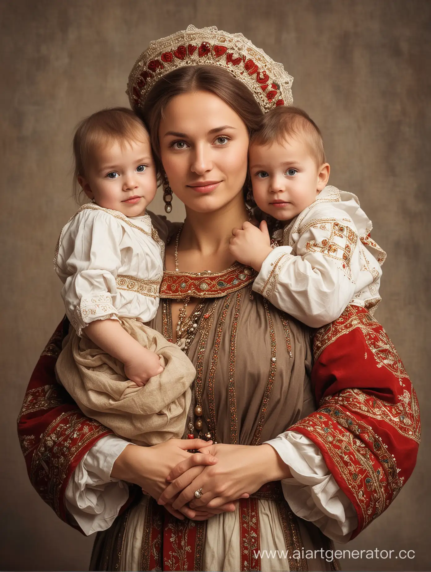 Young-Ancient-Russian-Mother-and-Children-in-Traditional-Attire