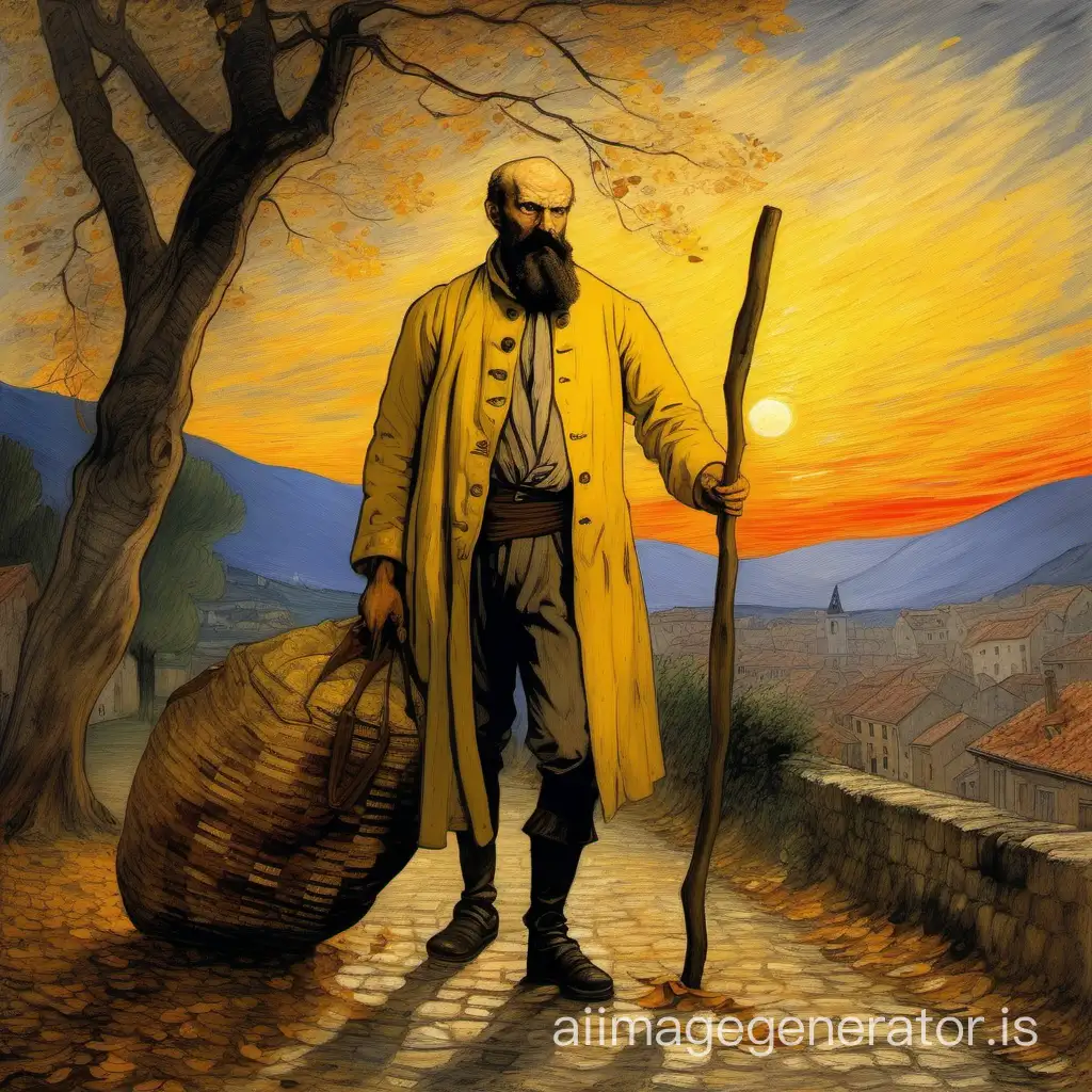 A l'automne 1815, Jean Valjean homme trapu et robuste, la tête tondue et barbe longue, portant une  chemise jaune et une blouse grise en haillons, arrive à digne au coucher de soleil avec un sac de soldat  et un gros bâton noueux, tableau de style Vang Gogh