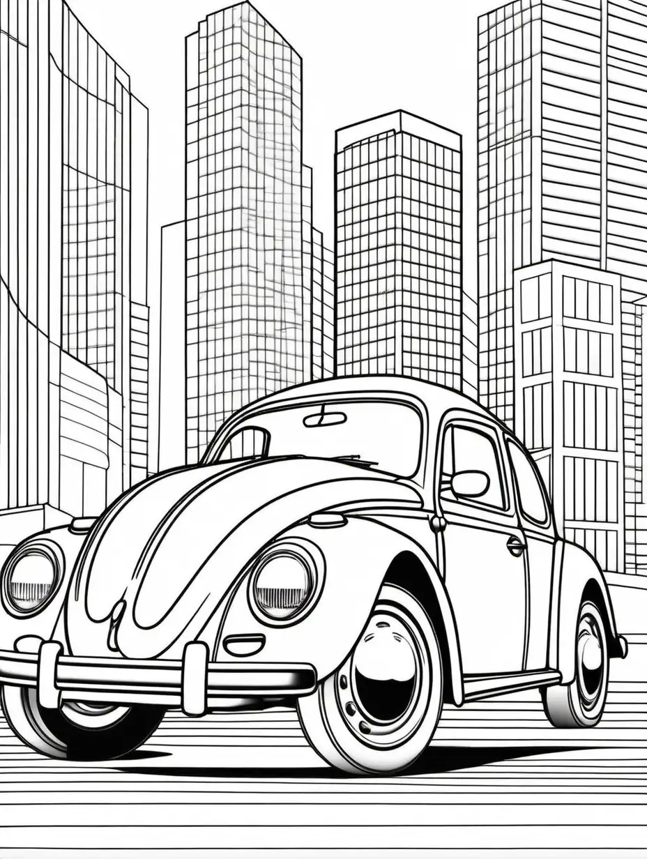 coloring book for kids, thick lines, no shading, less detail, vw bug

