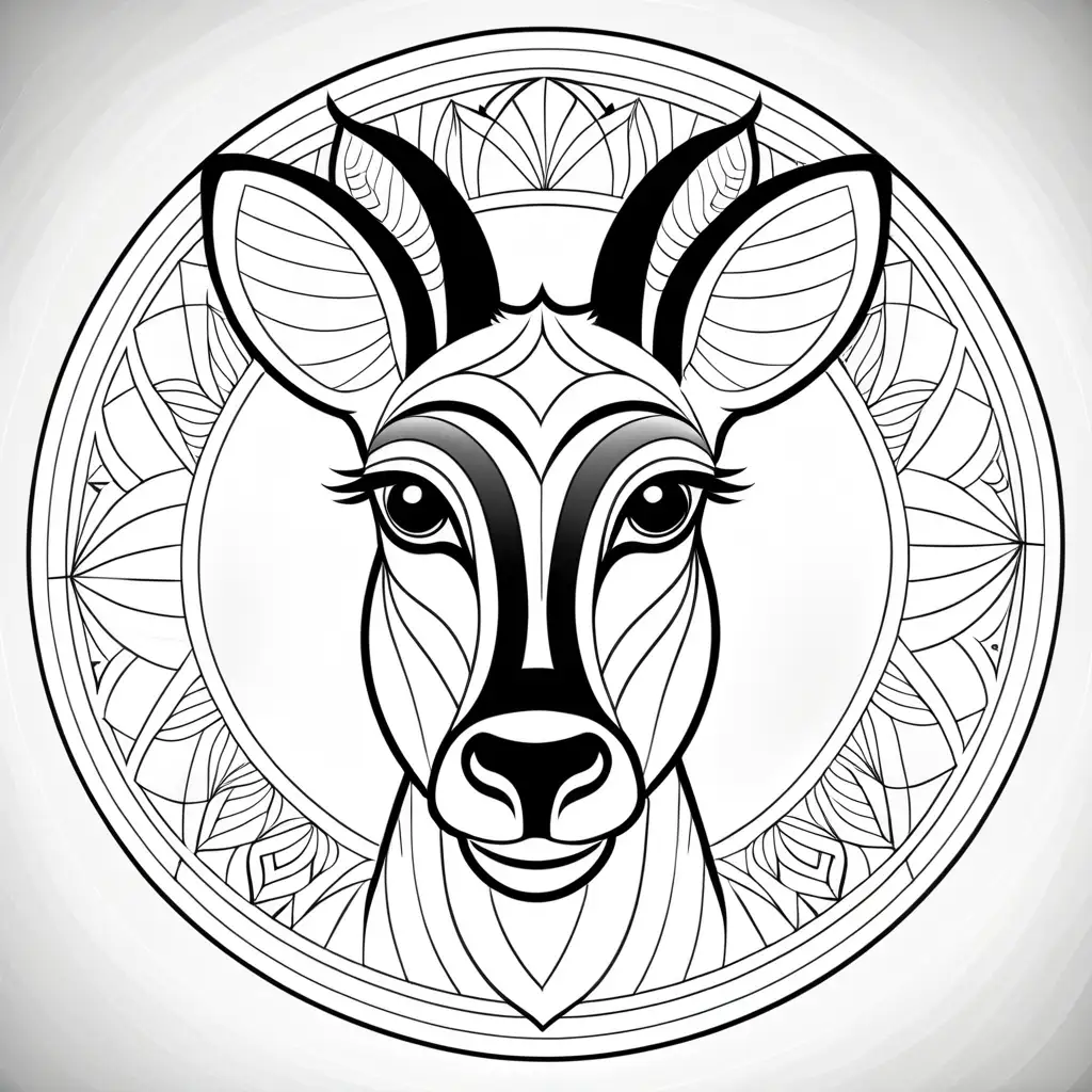 Symmetrical Geometric Mandala Coloring Page with Cute Okapi Face