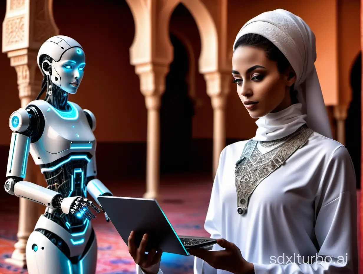 Moroccan woman using technology smart robot, artificial intelligence by enter command prompt for generates something, Futuristic technology transformation. Chatbot Chat with AI, conversation assistant concept. stock photo inside Moorish palace
