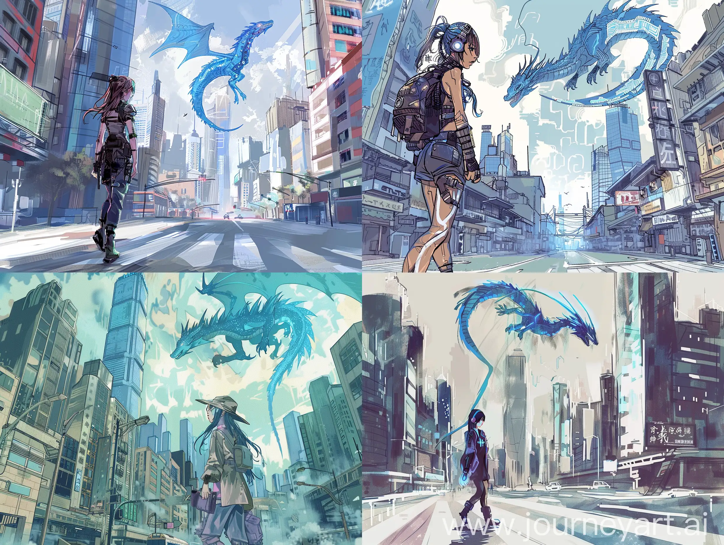 画一个赛博朋克风的少女行走在城市街头，高楼大厦上隐约有蓝色的巨龙盘旋