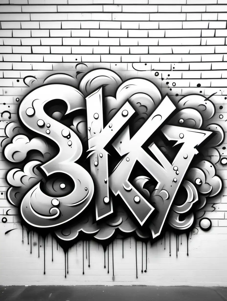 Create a graffiti colouring page, all white , black outline, no colour, graffiti art, with the word s k y, with dark clouds behind S K Y,on white wall, no shading, low detail, white background , colouring page, graffiti art style