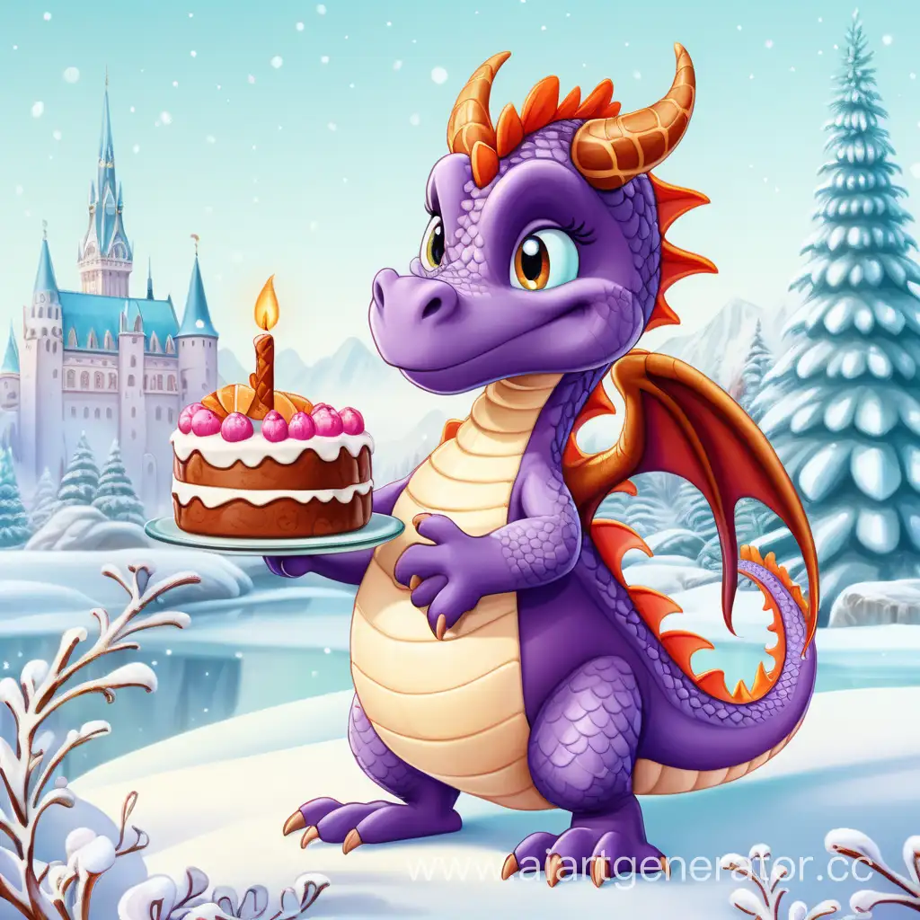 милый дракон с тортом в руках на зимнем фоне в стиле мультика анастасия вид сбоку