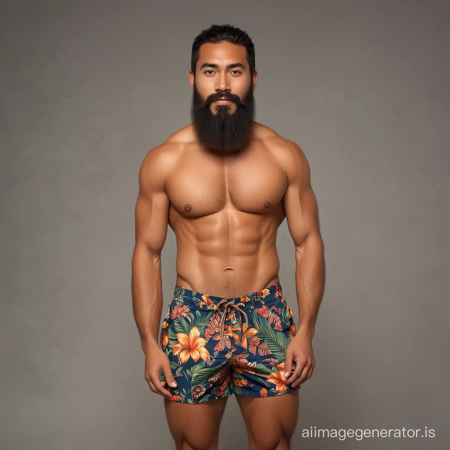 a tall, lean, fit, bearded Hawaiian man, show full body, head-to-toe,