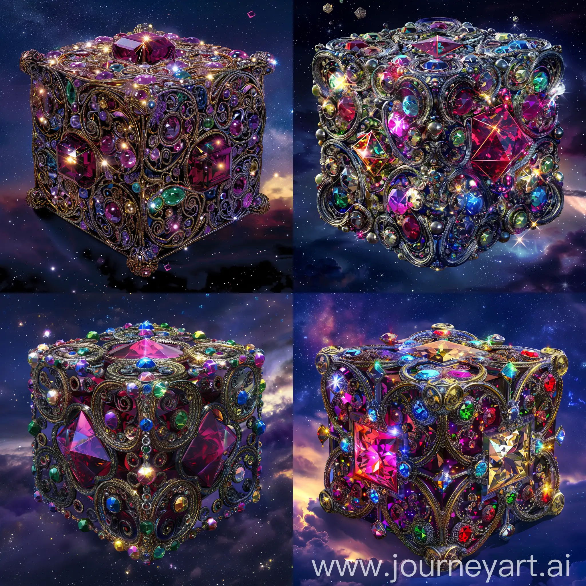 The ruby cube!!!! Decorated with colorful gems!!!! against the background of the night sky!!!!!! intricate design, ornate and flowing, magical three-dimensional details, fantasy. intricate curls, beautiful ornate details, super-complex details, super-detailed metal products, exquisitely ornate, detailed and intricate image, curls, frontal light, octane number, medium sharpness, high detail

