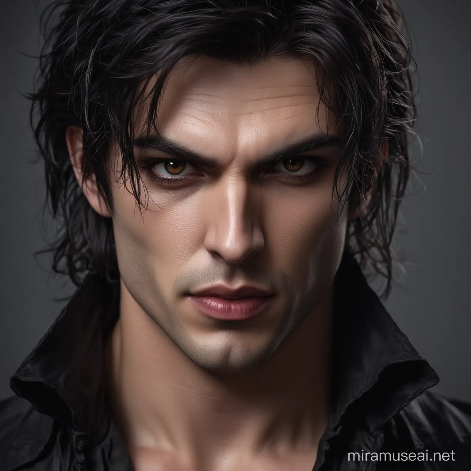 CloseUp Portrait of Brooding Male Vampire with Dark Hair