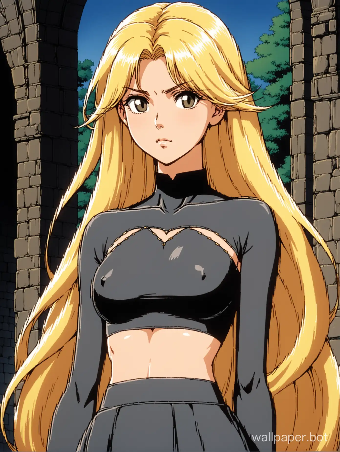  a young and attractive white woman topless, nice breasts, she has long wavy white-blonde hair, standing regally, elegant and slender, thin sharp face, kind and sullen expression, wearing a very long dark grey skintight skirt, midriff, topless, decorative stitching, medieval elegance, 1980s retro anime