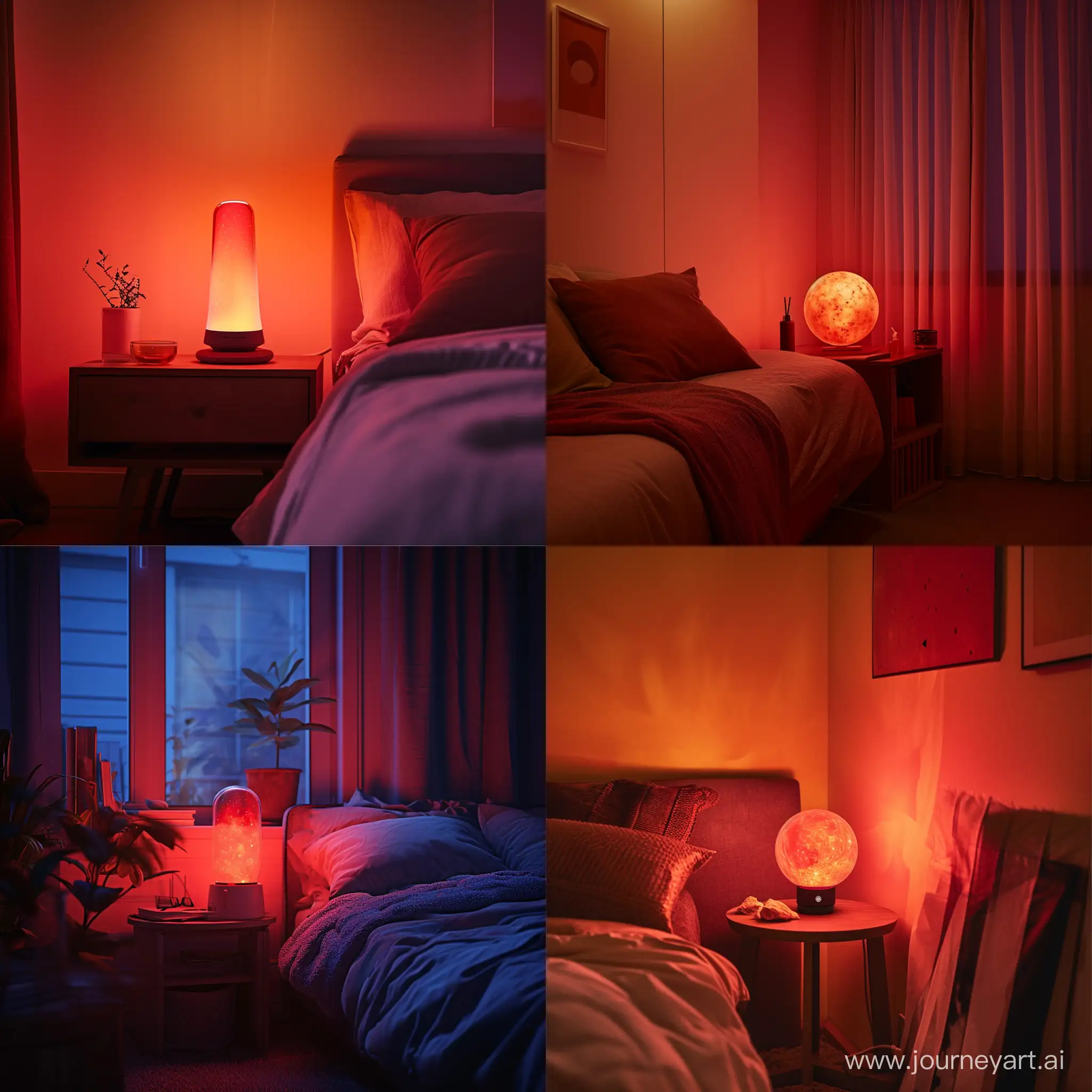 realistic, cozy bedroom, lit by a nebula red light therapy lamp, night time
