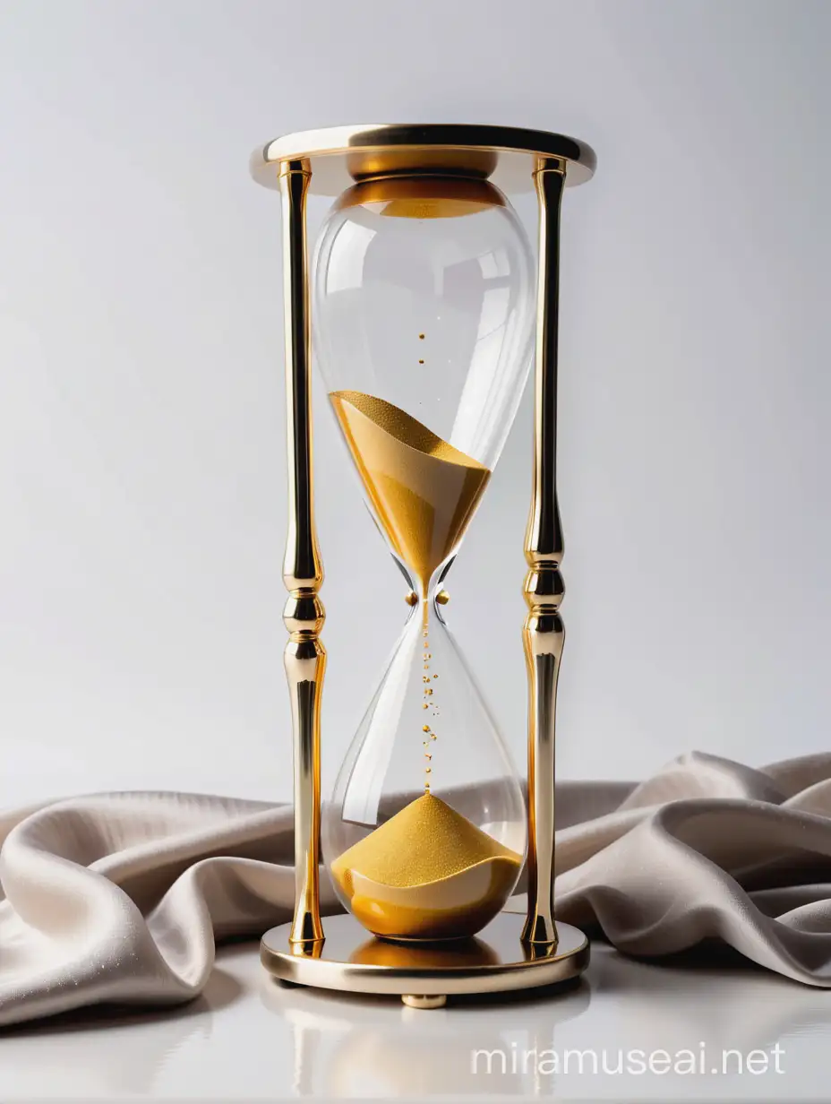Hourglasses with golden sand inside. Hourglasses stands on silver wrinkled fabric. Clear white backround. 
