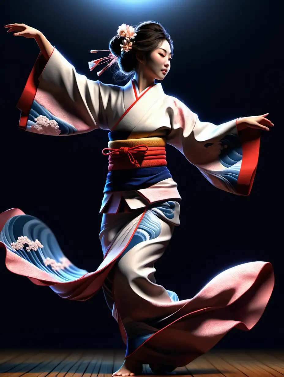 Digital painting of a beautiful young Japanese woman, dancing, kimono is crafted with waves and layers of fabric, creating a sense of movement and depth, fall season, by (random: famous japanese artists), artstation, 8k, extremely detailed, ornate, cinematic lighting, rim lighting, 