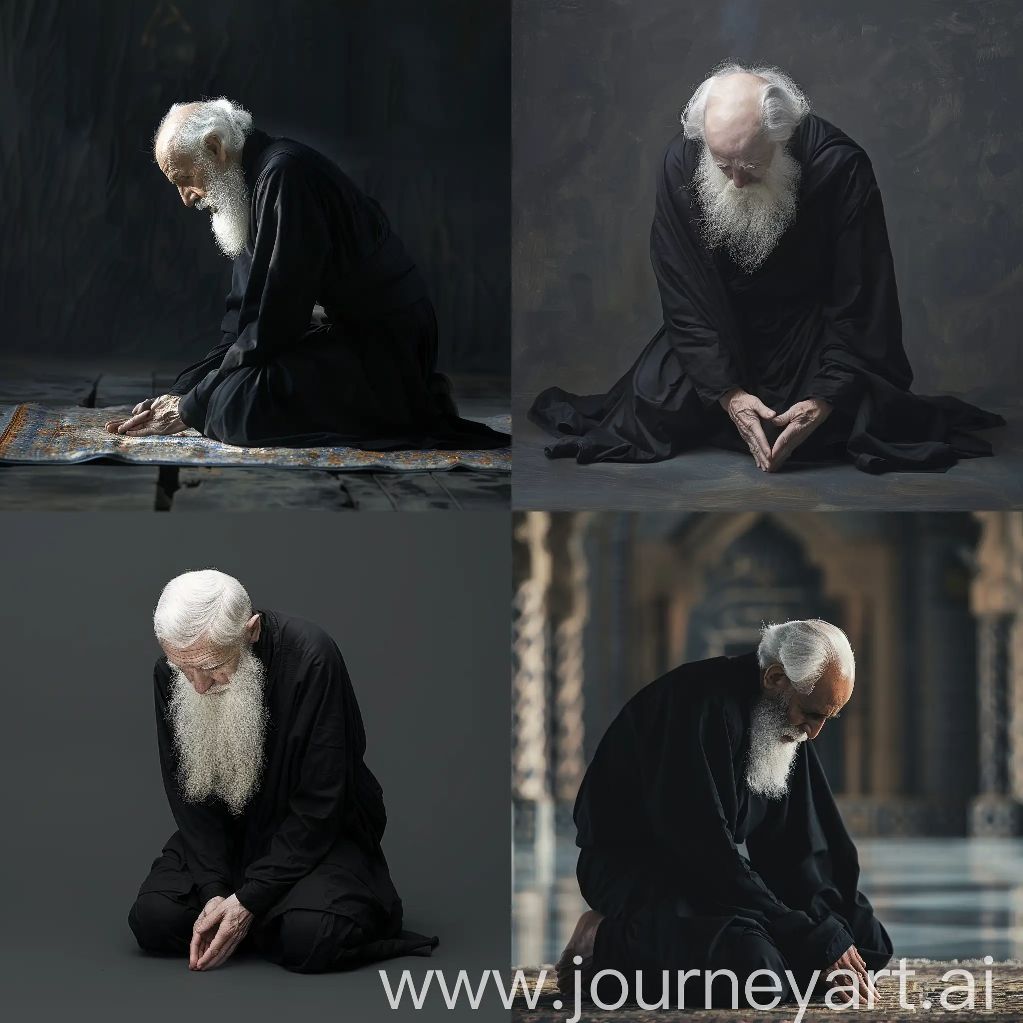A beautiful image of a monk wearing black with white hair and white beard kneeling down in prayer