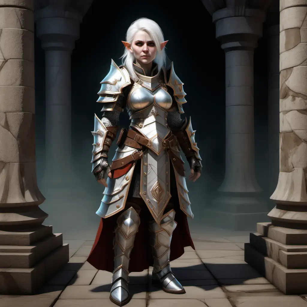 Generate a full-length portrait of a female deep gnome cleric of Sarenrae, brave but kind, white haired, scar on her left eye, wearing full plate armor. She is standing in a temple of the ever light showing her faith to the goddess.