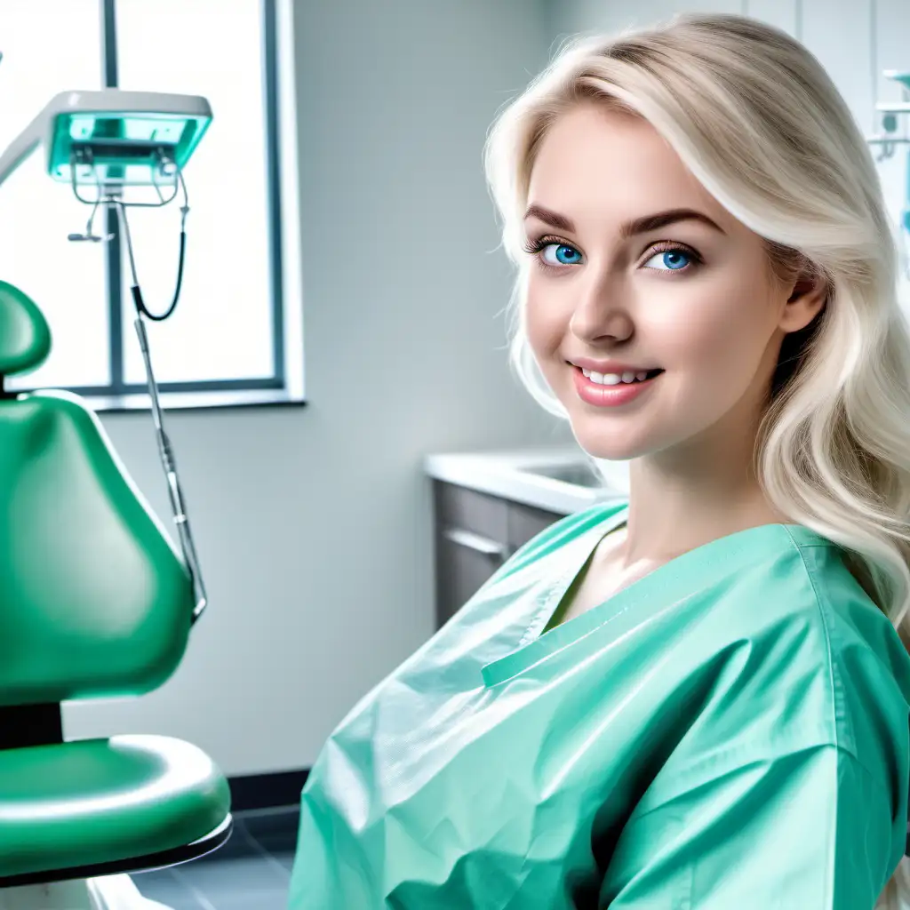 The scene of a dentist, curvy blonde, blue eyes, wearing a green and white scrub near a dentist chair