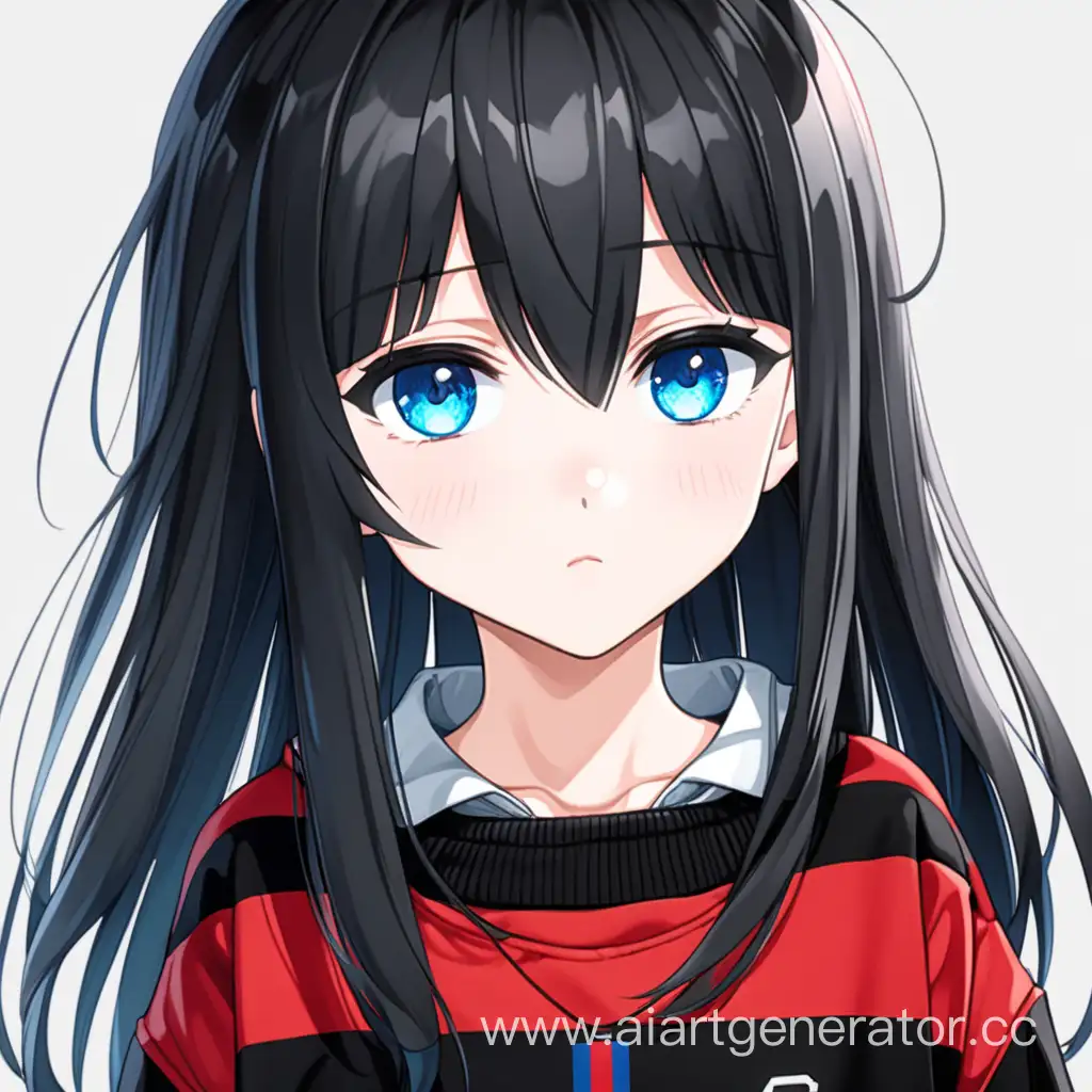 Аниме Девушка с чёрными волосами и голубыми глазами в кофте чёрно красной и юбке чёрной и снизу в полоску красной по горезонтали