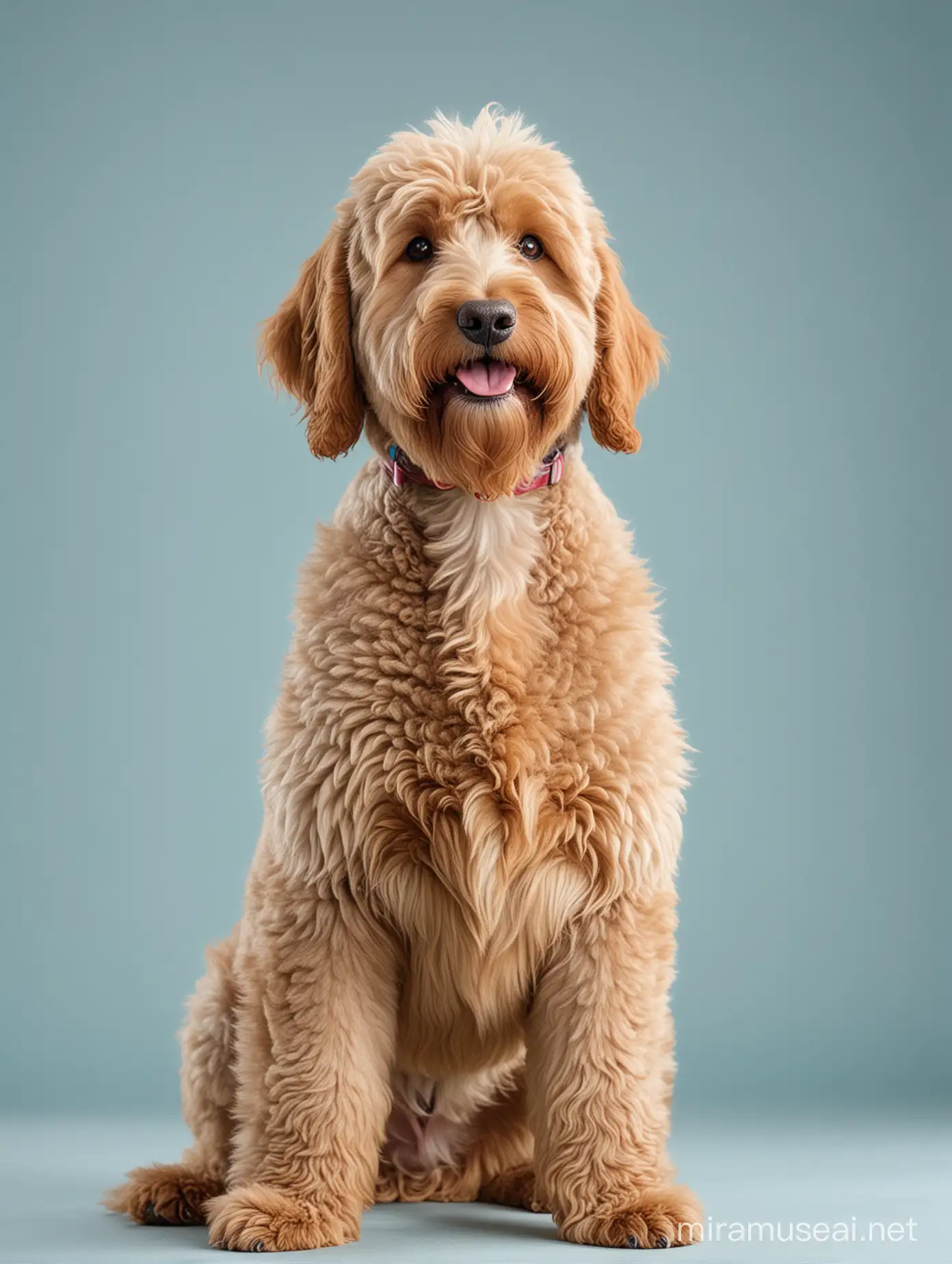 Happy Goldendoodle breed dog, the view is from behind, background is light blue