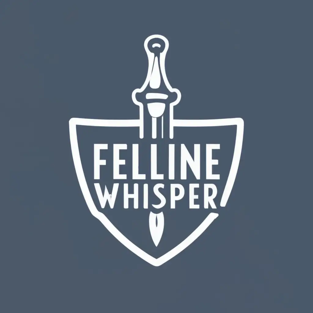 logo, concept is cartoon, stylized or handdraw. draw pen as a sword. draw cat's footprint as a shield. pen is aligned centre of shield, with the text "Feline Whisper", typography, be used in Entertainment industry
