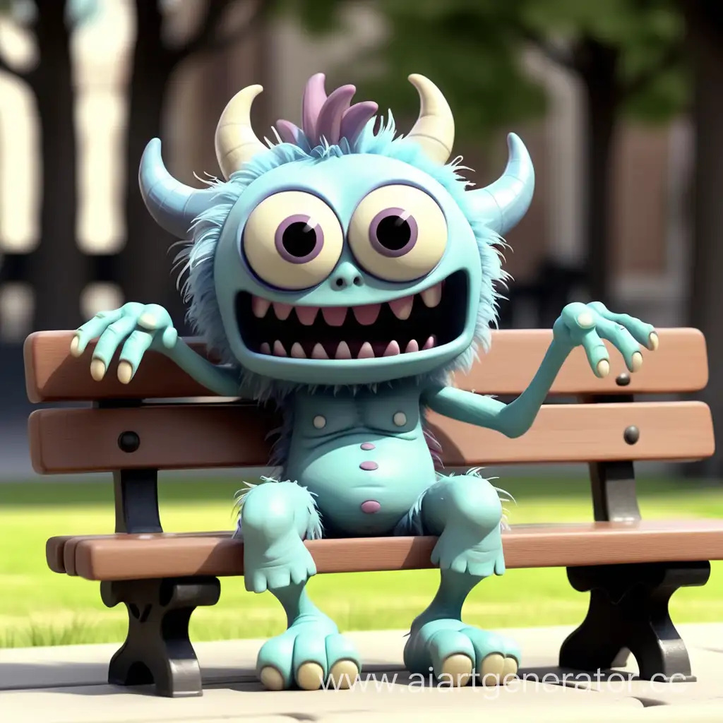 Adorable-Animated-Little-Monster-Sitting-on-a-Bench