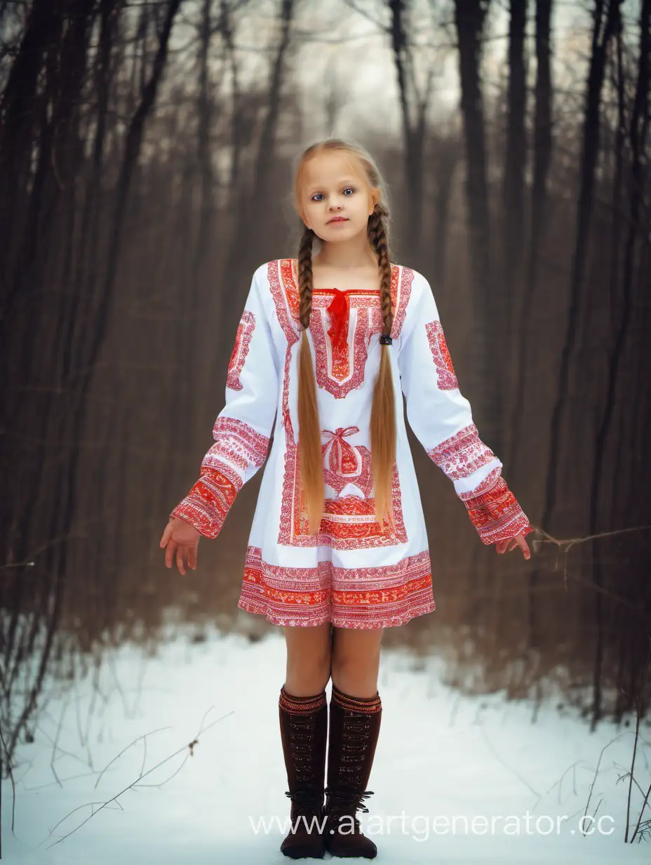 Девушка в русском национальном мини-платье с длинными рукавами и косичками, полный рост