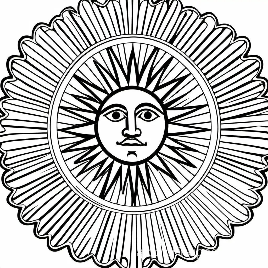 The Sun of May is a national emblem of Uruguay, symbolizing the May Revolution of 1810 in Argentina, which was a precursor to Uruguay's independence. It is represented by a golden sun with a face and radiant beams., Coloring Page, black and white, line art, white background, Simplicity, Ample White Space. The background of the coloring page is plain white to make it easy for young children to color within the lines. The outlines of all the subjects are easy to distinguish, making it simple for kids to color without too much difficulty