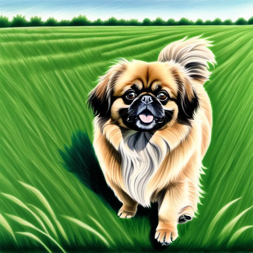 COLOR PENCIL DRAWING OF A Pekingese dog in GREEN FIELD IN THE SYTLE OF E. HOPPER PAINTINGS

