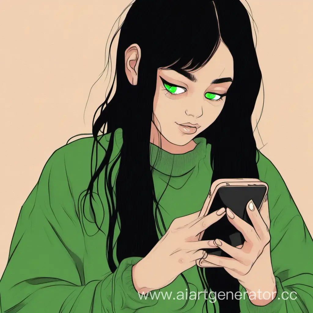 Девушка с чёрными волосами и зелеными глазами смотрит в телефон