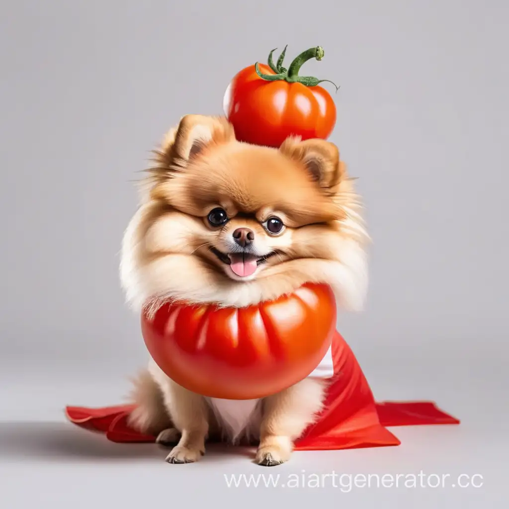 Happy Pomeranian dog wearing a costume of tomato 