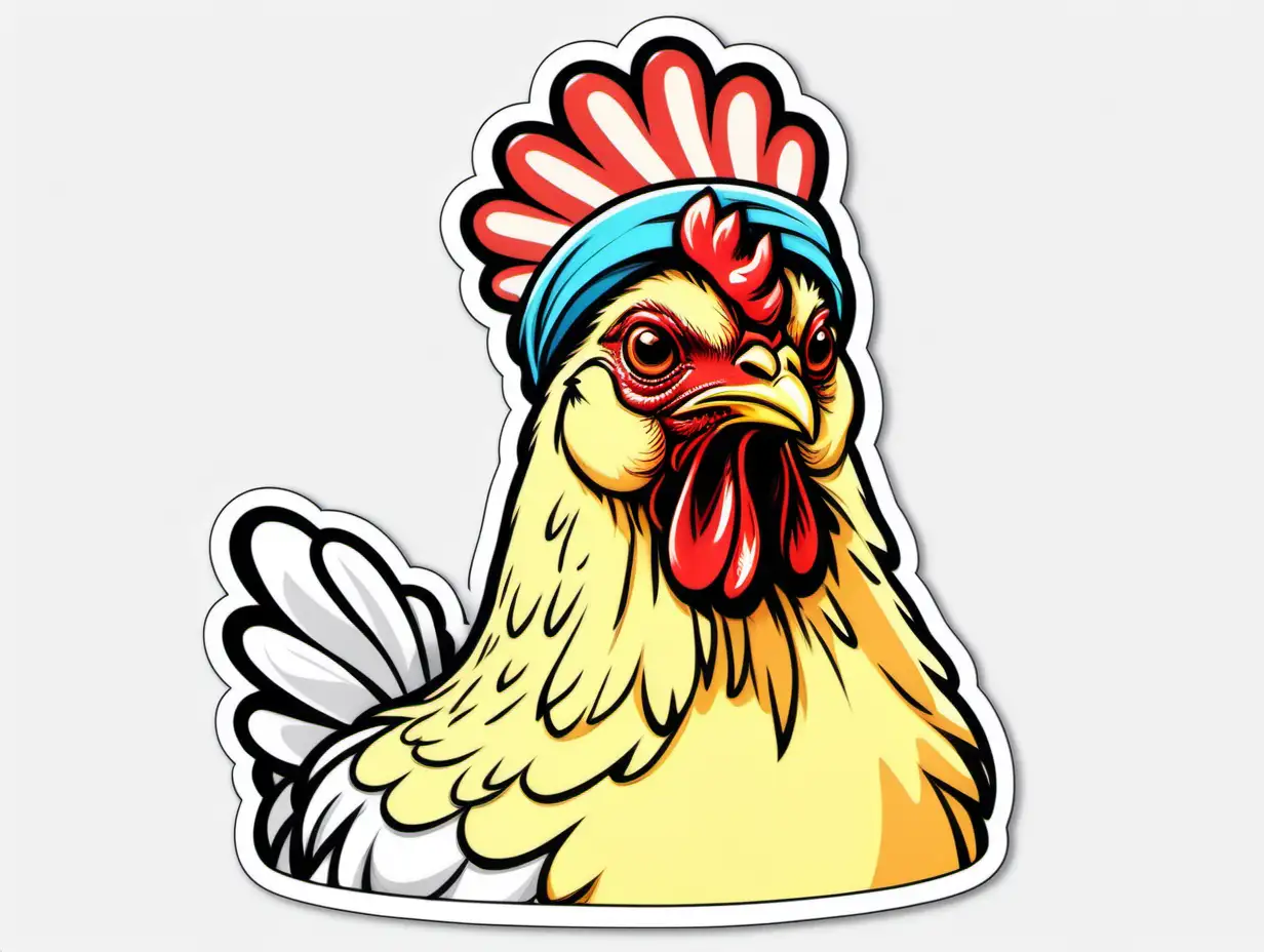 /imagine prompt: chicken with headband, Sticker, Content, Vibrant Color, Art brut style, Contour, Vector, White Background, Detailed
