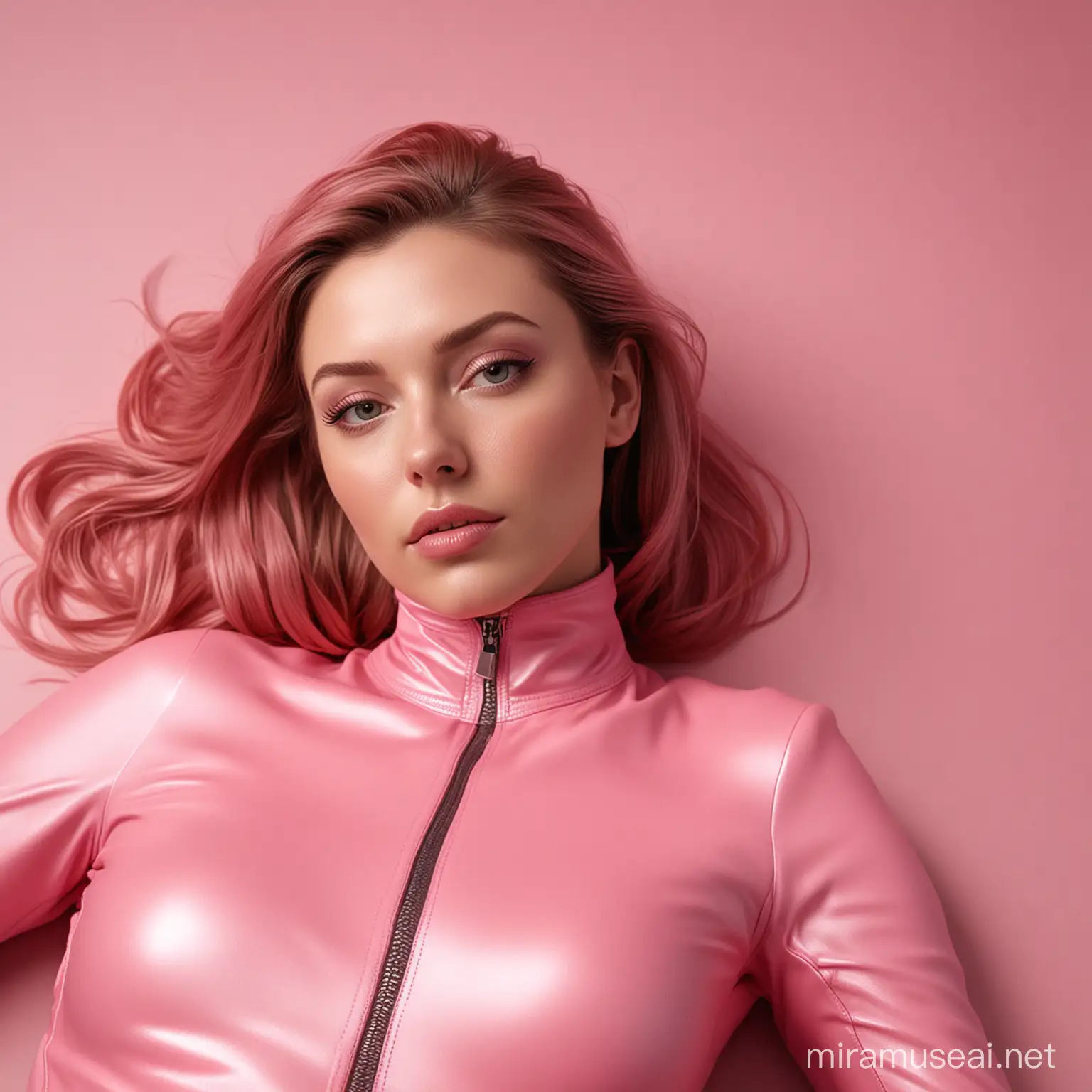 Stylish Woman in Pink Catsuit Leaning Forward
