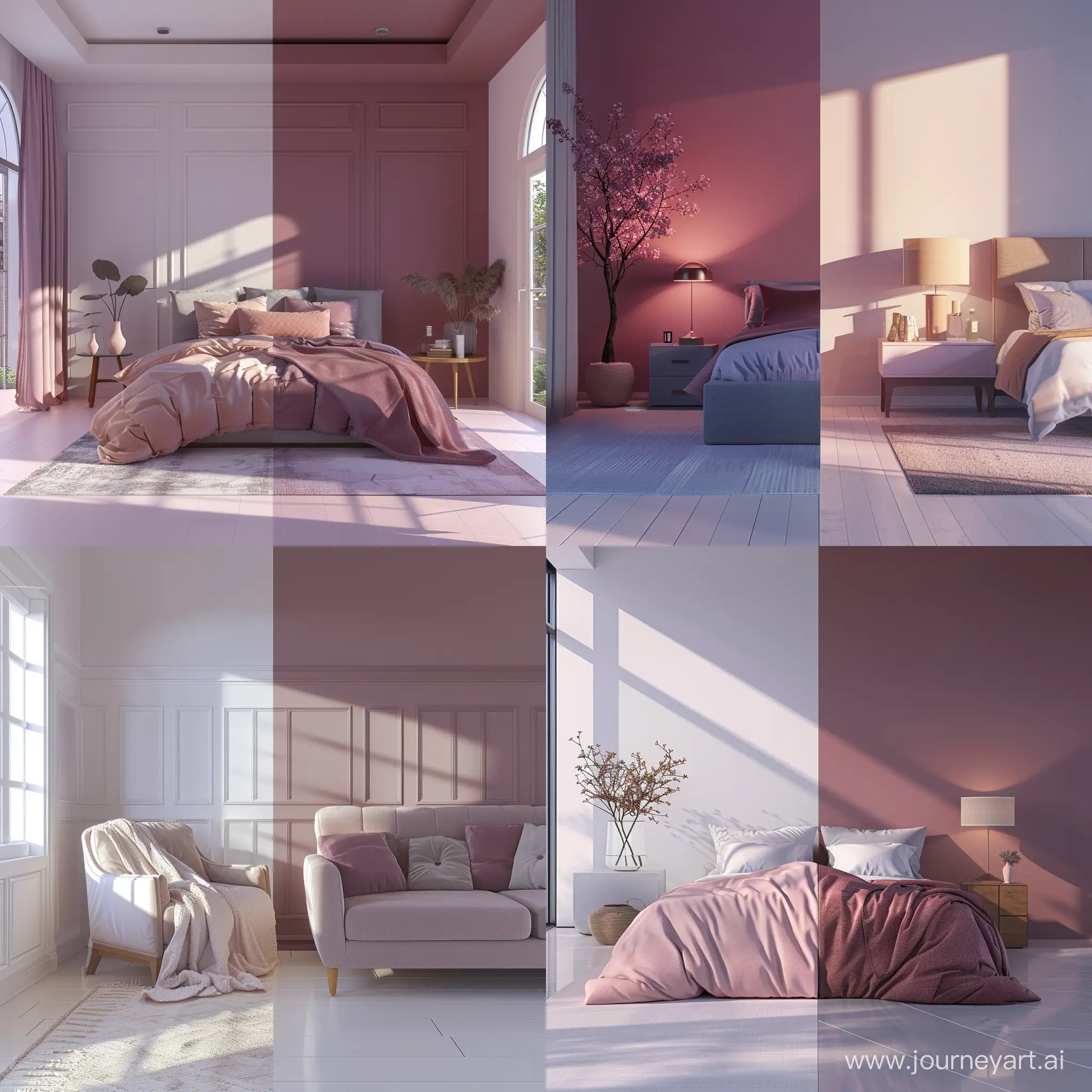3D render image in 4K for a bedroom, half of the render is colorless, and half is colored with shades of mauve pink. --v 6 --ar 1:1 --no 76729