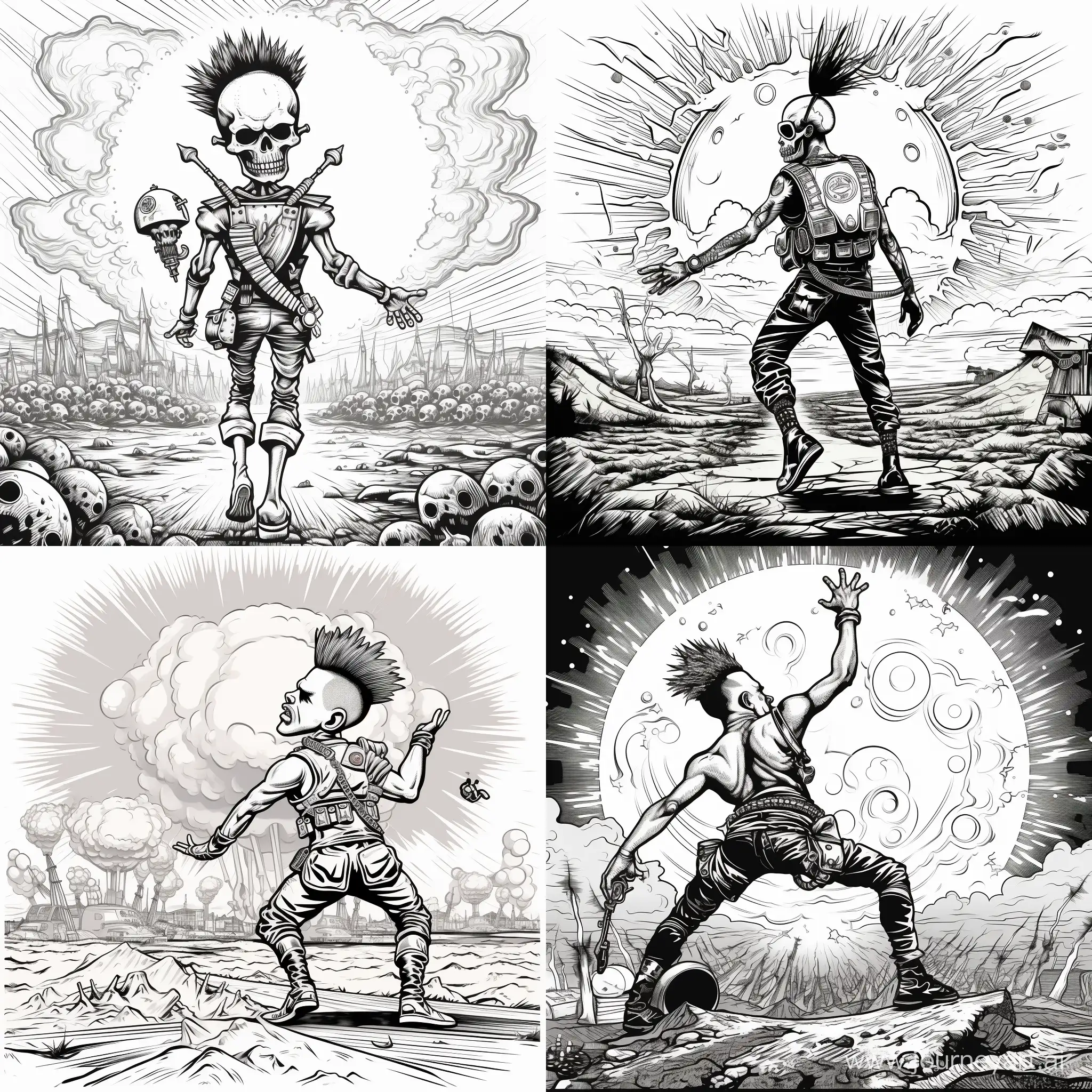 punk man with a mohawk dancing in a battlefield, wearing traditional punk outfit, with mushroom cloud on the horizon, black and white line art style