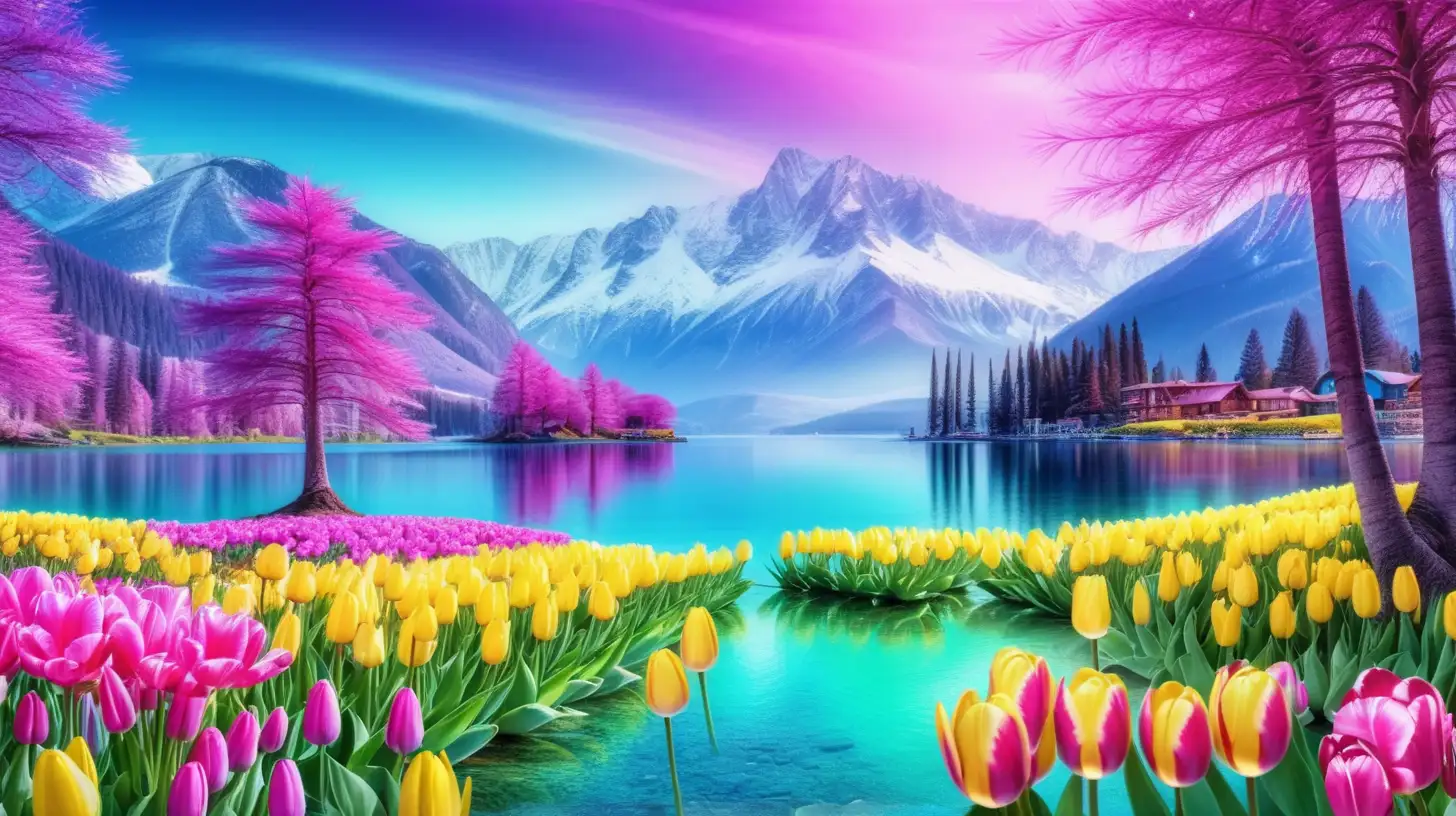 Bright palm leaves and Magical fairytale. Glowing tulips with pink and bright-yellow and Green and Blue. Purple. Bright-yellow. Magical Fairytale trees. bright lake and mountains
