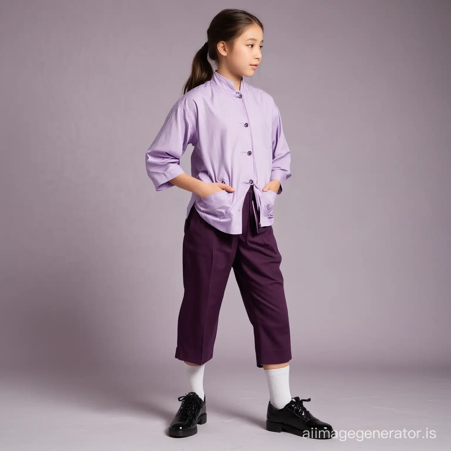 A 15 year old girl standing in a long shot. She is facing camera, wearing light lavender half sleeve shirt with Chinese collar. Her hair is single lined ponytailed. She wears a dark grape colored school uniform jacket over the shirt. She wears dark grape colored full length pants. She has black cut shoes on her foot and white socks.