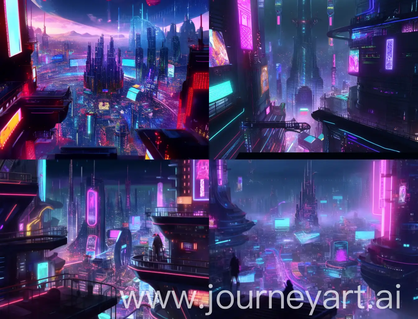Futuristic Cyberpunk Cityscape Create a futuristic cyberpunk cityscape with towering skyscrapers, holographic ads, and bustling markets, reflecting a high-tech, neon-infused future.