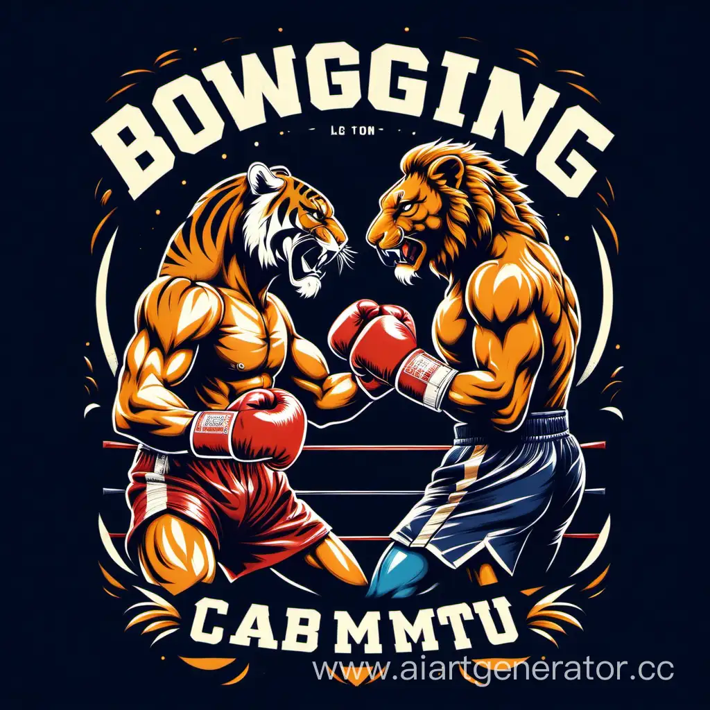 Design a t-shirt with a logo boxing poster aesthetic, showcasing a fierce tiger and lion ready for a showdown.