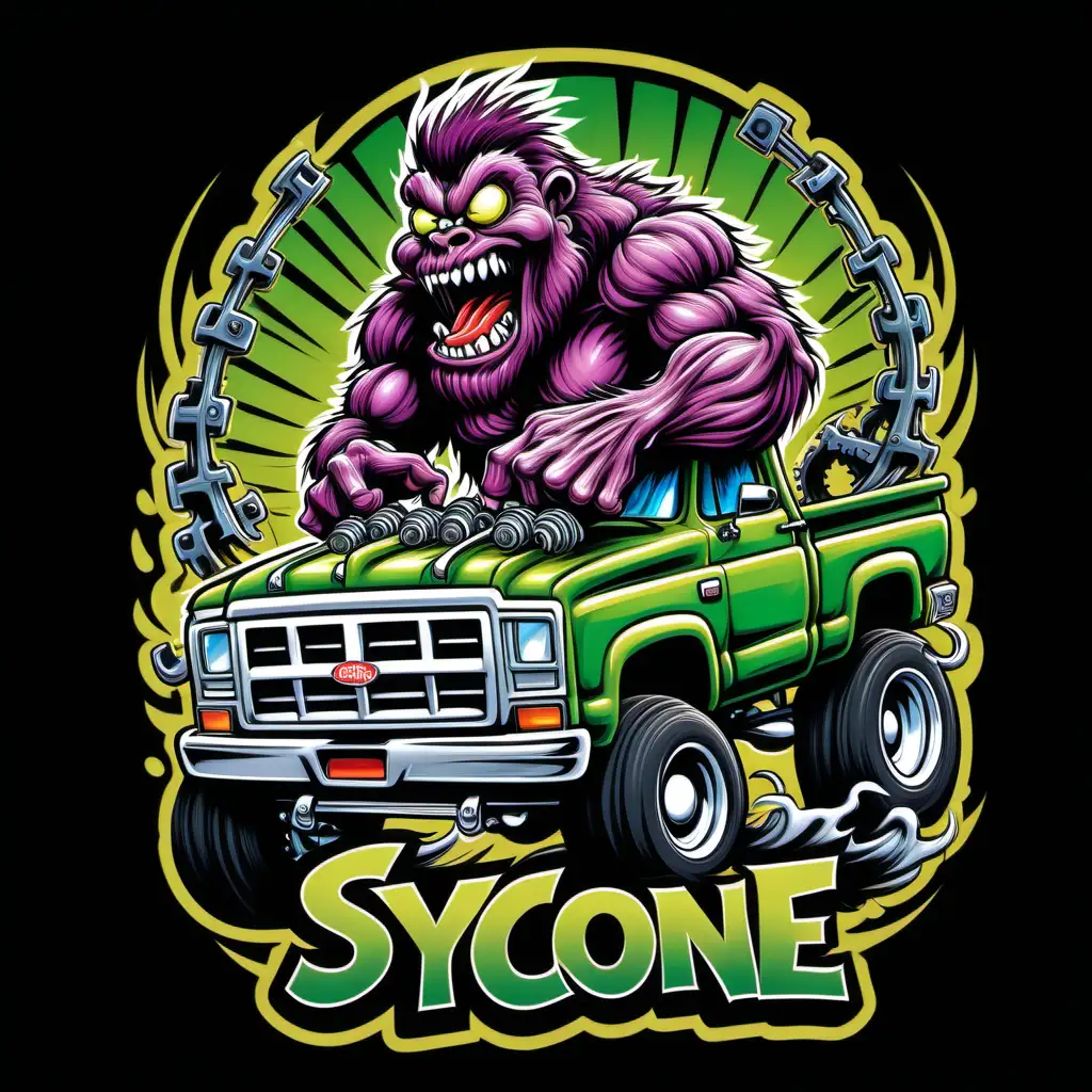 syclone in the style of rat fink bigfoot cartoon ripping out of the truck with a gear shifter aggressive shirt design