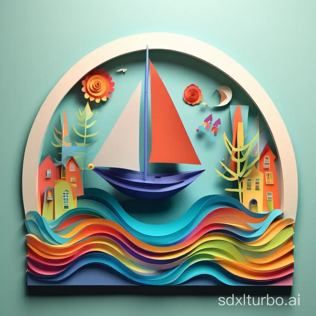 a 3d style image of a paper - cut painting of a sail and colorful objects
