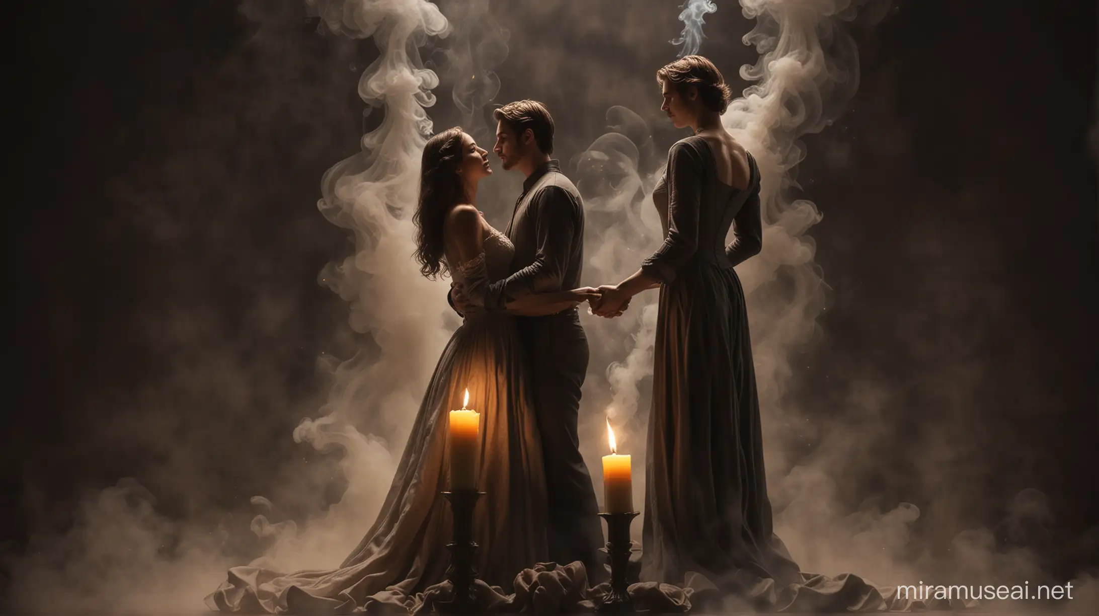 Crea una rappresentazione realistica di una coppia romantica formata dal fumo di candela, gli amanti emergono sopra la candela in mezzo al fumo, l'immagine è altamente accurata e sembra realistica. Lo sfondo è scuro e in contrasto.