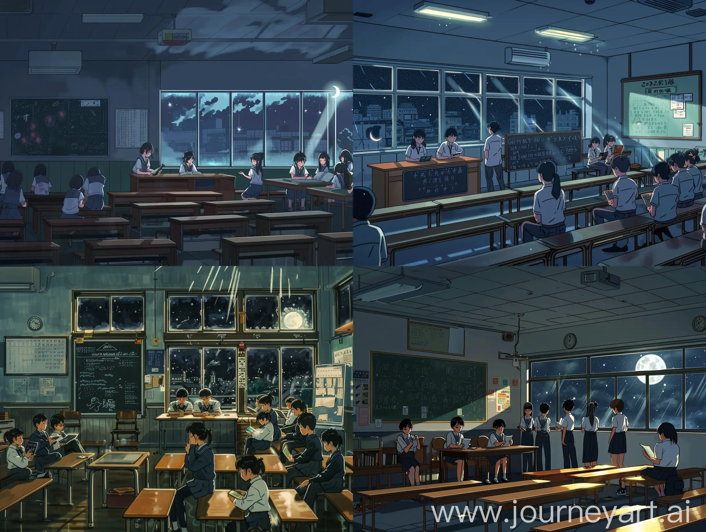 Inside of a Tokyo school darkened classroom at night, chalkboard on front wall with teaching table, a display board on side wall, benches arranged properly in straight rows in the classroom, many teenage students in uniform reading and talking, dark night outside is visible from window, moon rays entering from window --ar 4:3