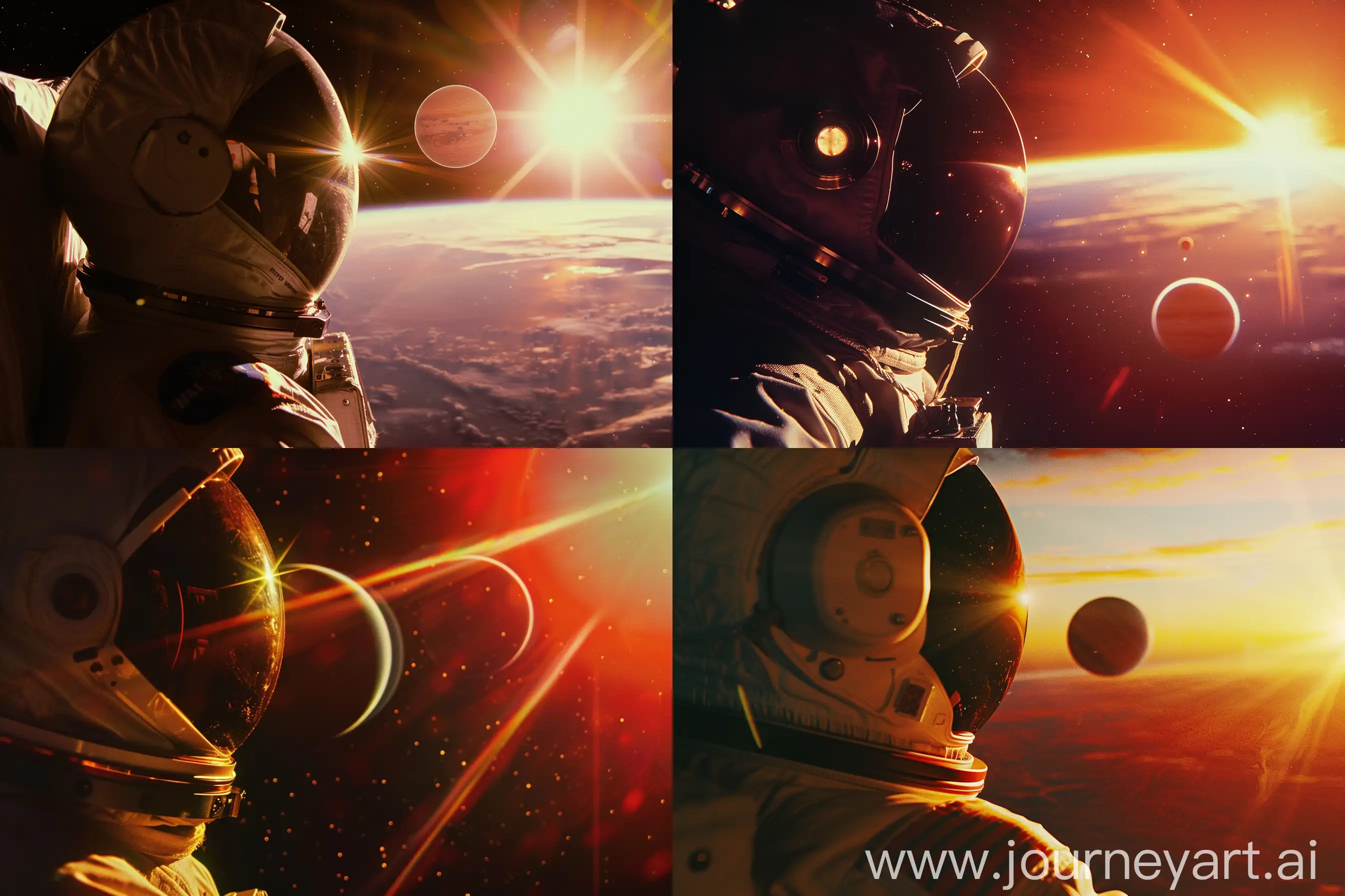 A astronaut looking at the horizon of In the 80s, looking at 2 planets on the horizon in a during
At sunset on the horizon  that showcases Sunbeams touching the astronaut's helmet, how i t
affects the scene], creating an Beautiful lived sunset, giving hope for a new home for the human race  --v 6.0 --ar 3:2 --style
raw