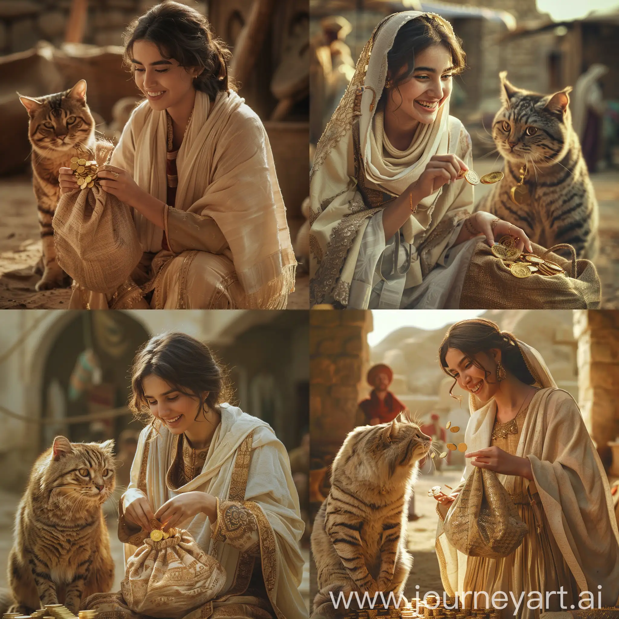 A beautiful young Persian woman in a traditional dress and a cream-colored shawl opens a bag of gold coins and happily counts the coins.  He is in the bazaar of Arg Bam in the Persian Empire, and next to him stands a giant Persian cat. in a desert, in an ancient civilization, cinematic, epic realism,8K, highly detailed, medium shot, upper body, glamour lighting, natural lighting, backlit