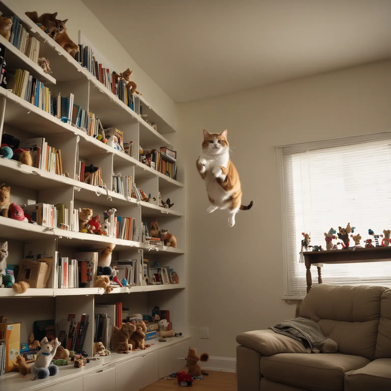 Adorable Cats Leap Mishap in Cluttered Living Room