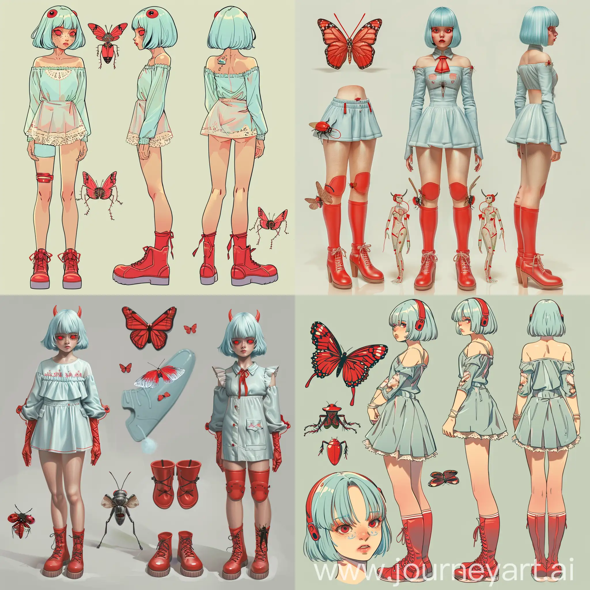 1girl, red footwear, pastel blue hair, red butterfly, shoes, bug, butterfly, closed mouth, red eyes, short bangs, Bertha, kneehighs, long sleeves, looking at viewer, female focus, multiple views, short hair, shorts, dress, standing, thighhighs