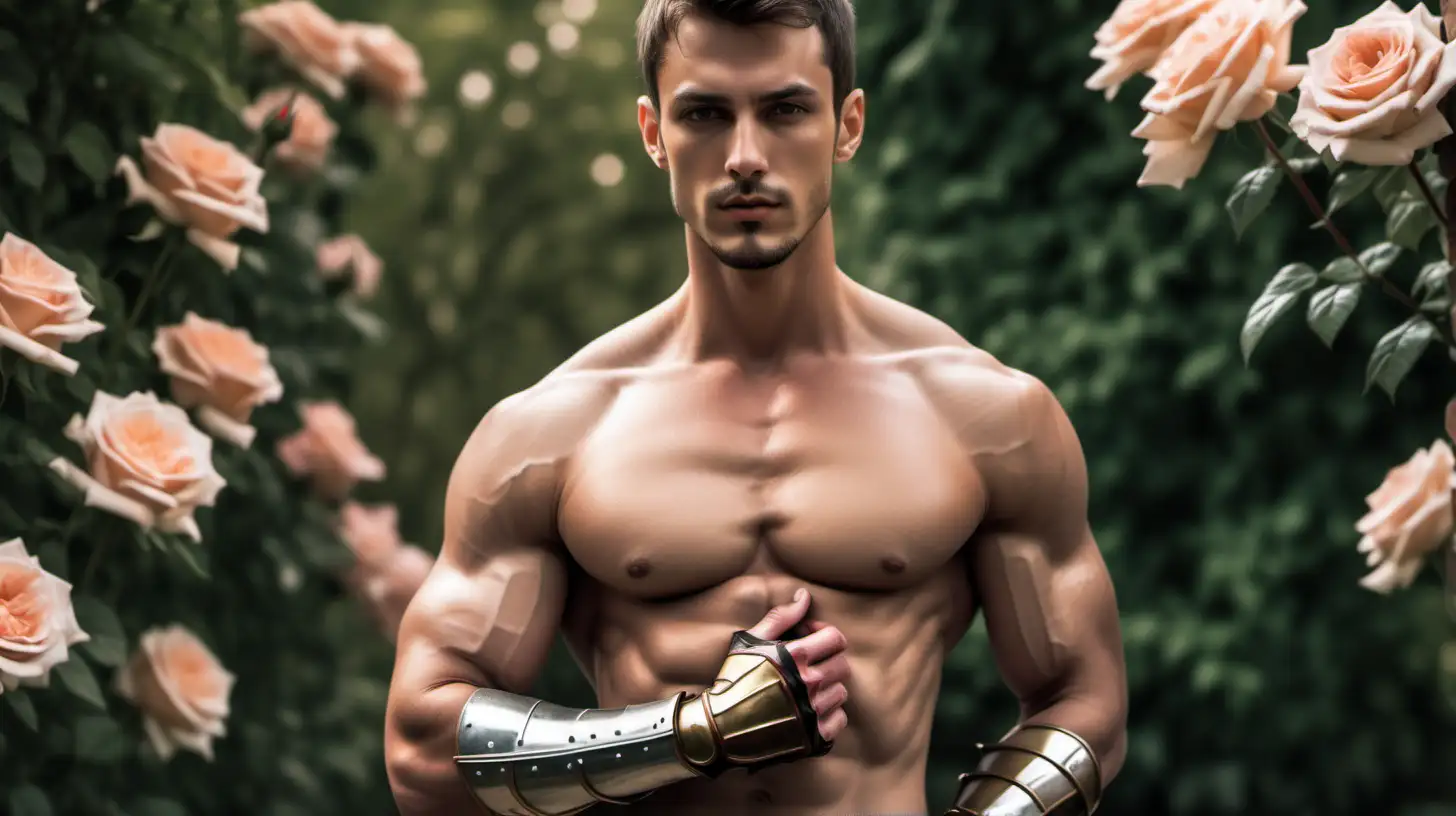 A short skinny priest blessing a Handsome male knight short hair stubbles shirtless muscular show hairy chest show abs show legs full body shot gauntlets leg armor very sweaty oiled up rose garden body difference 