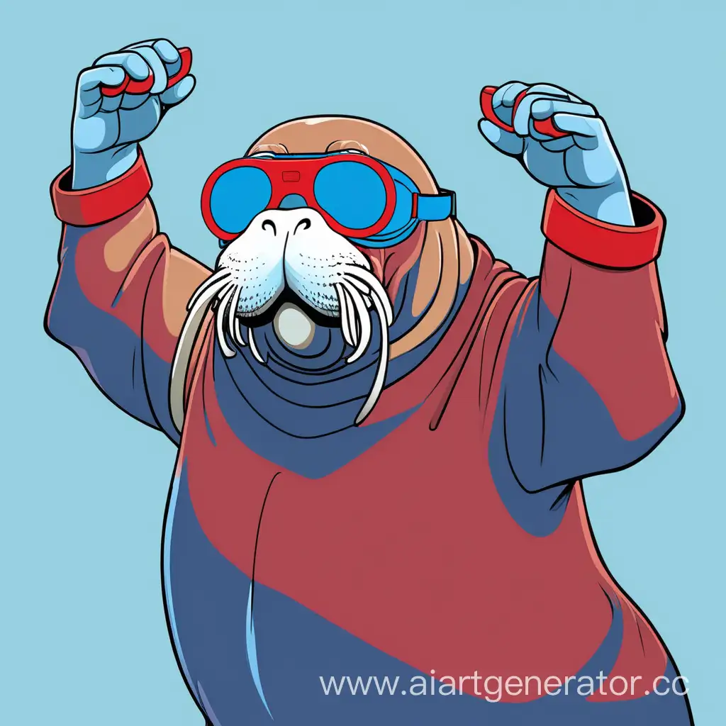 anime style walrus wearing red and blue 3d goggles doing a dab, bold lines, vector illustration, colourized