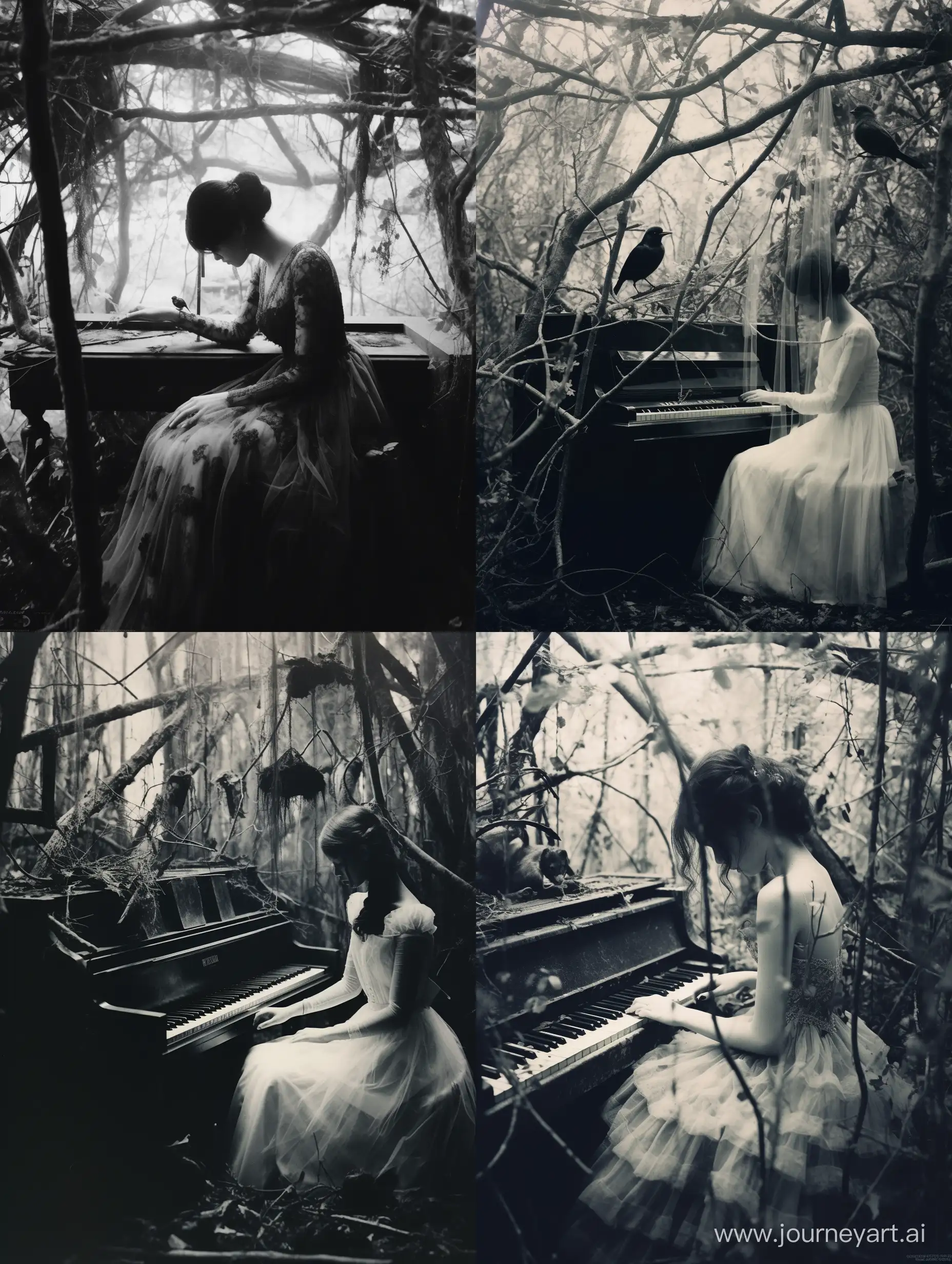 grayscale photo that evokes folk horror, a woman wearing a vintage gown, sits at a weathered piano amidst the enchanting woods. In the branches above hang two beautiful antique bird cages. Inside each cage, a woman sits contained within the confines of the cage, curiously watching the pianist, shallow depth, expired 35mm film, folk horror, dark aesthetic, dark folk, dark magic