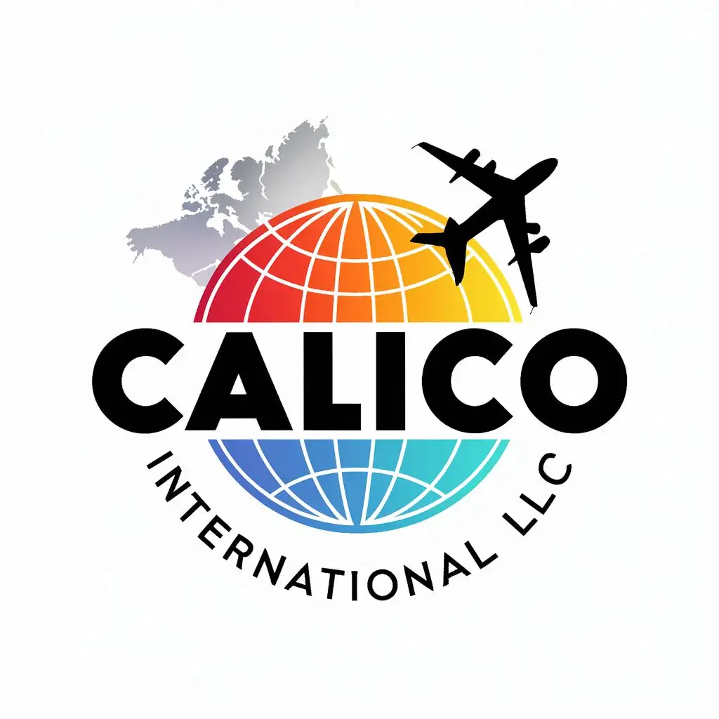 logo, Coloured Globe, map and aeroplane, with the text "Calico International LLC", typography, be used in Travel industry