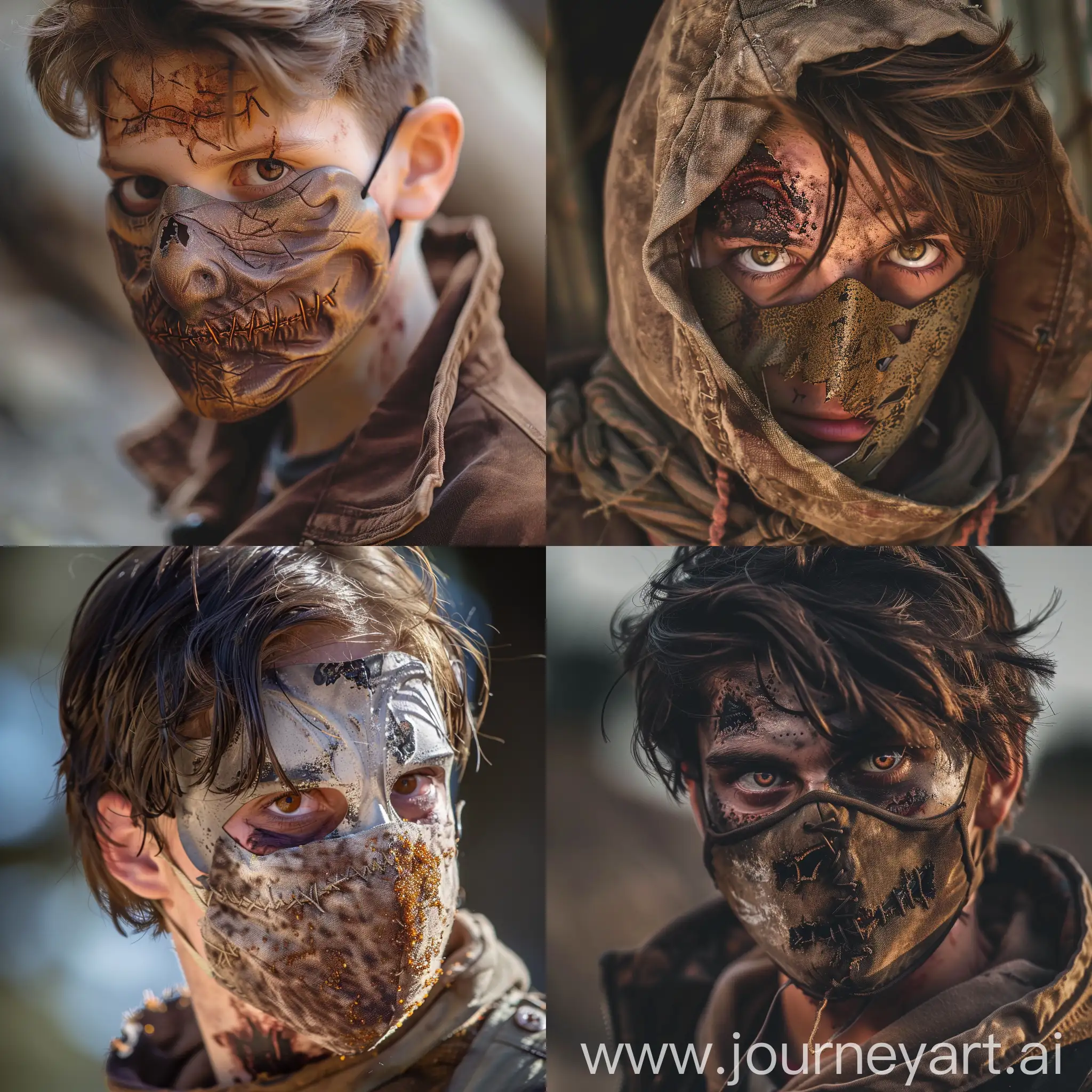 Teen zombie man in mask with brown eyes and hair in brown jakcet