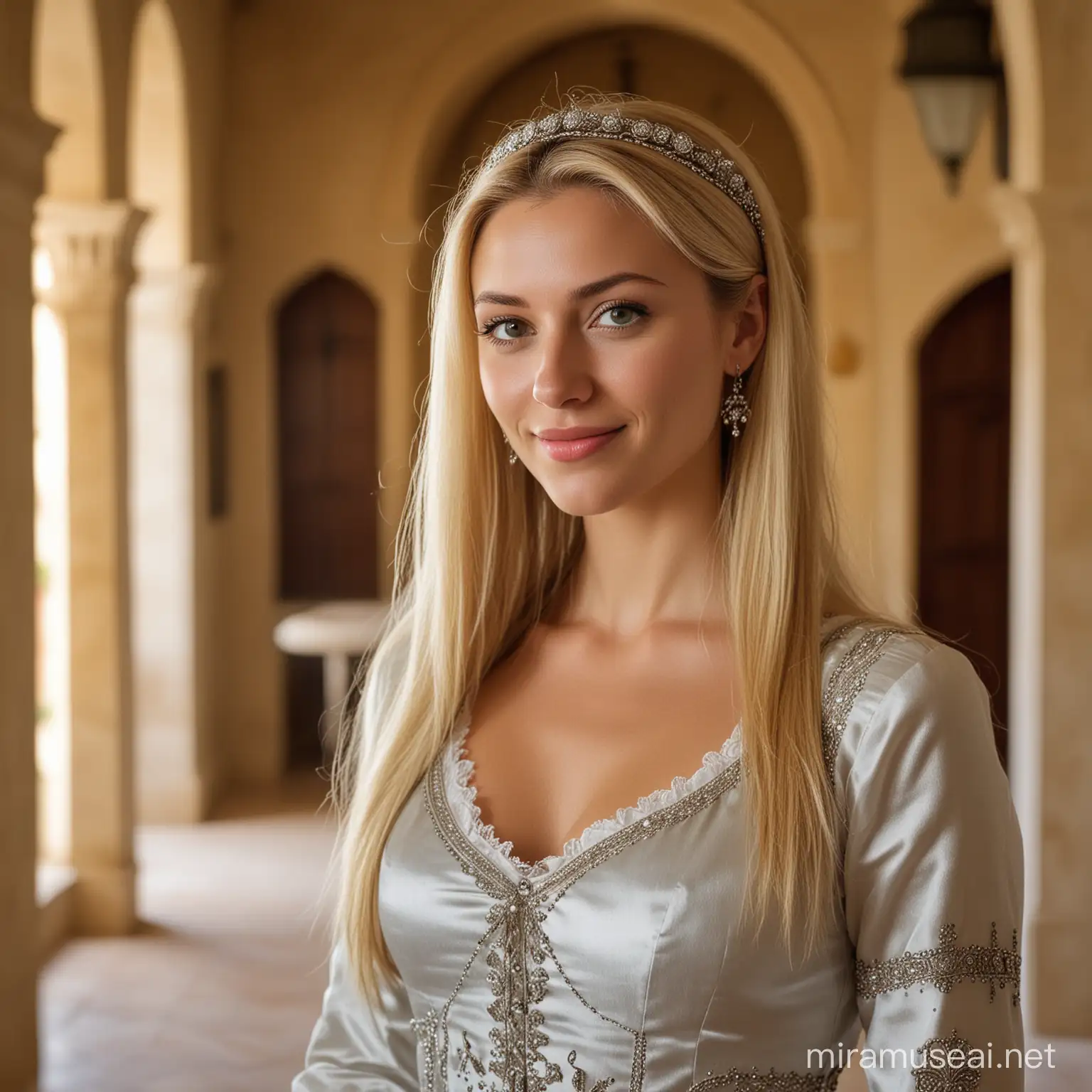 a 32 year old, good-looking, blonde, Central European woman with long, straight hair dressed in a classy, ​​silky, airy medieval-Mediterranean colonial style stands in the entrance hall of a classy, ​​medieval-Mediterranean villa and smiles like a bitch. She doesn't have any make-up on. Sigma 85mm F/1.4