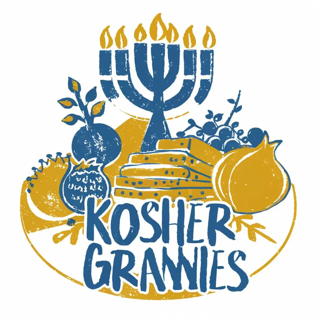 logo, Israel, yellow, blue, white, Menorah, pomegranate, pita bread, wine, Paul Klee, Star of David, simple on tablecloth, reduced, with the text "Kosher Grannies", typography, be used in the automotive industry